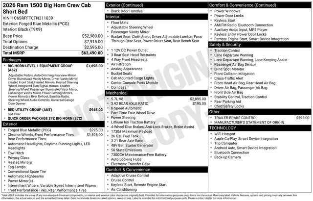 2026 RAM Ram 1500 RAM 1500 BIG HORN CREW CAB 4X4 5'7' BOX