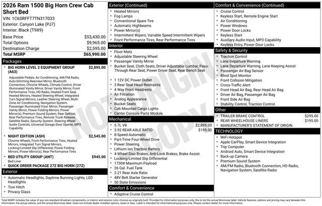 2026 RAM Ram 1500 RAM 1500 BIG HORN CREW CAB 4X4 5'7' BOX