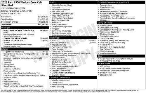 2026 RAM Ram 1500 RAM 1500 WARLOCK CREW CAB 4X4 5'7' BOX
