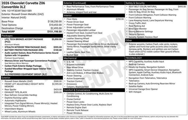 2026 Chevrolet Corvette Z06 Convertible, 3LZ, RWD
