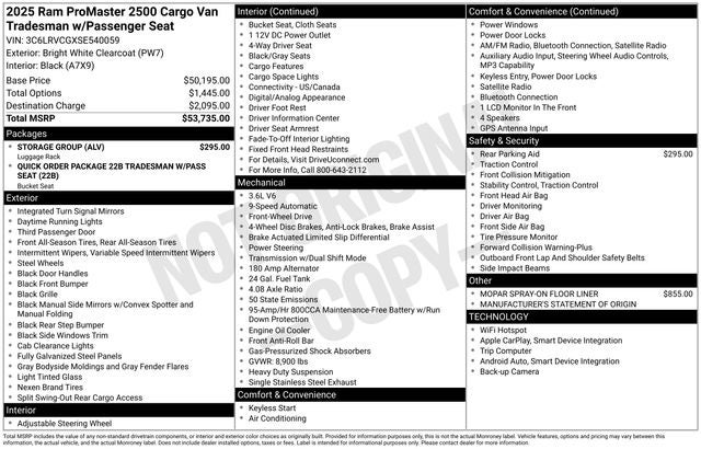 2025 RAM Ram ProMaster RAM PROMASTER 2500 TRADESMAN CARGO VAN HIGH ROOF 136' WB