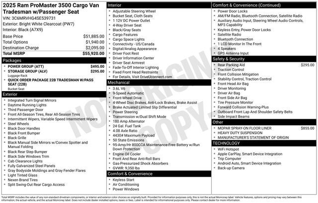 2025 RAM Ram ProMaster RAM PROMASTER 3500 TRADESMAN CARGO VAN HIGH ROOF 159' WB